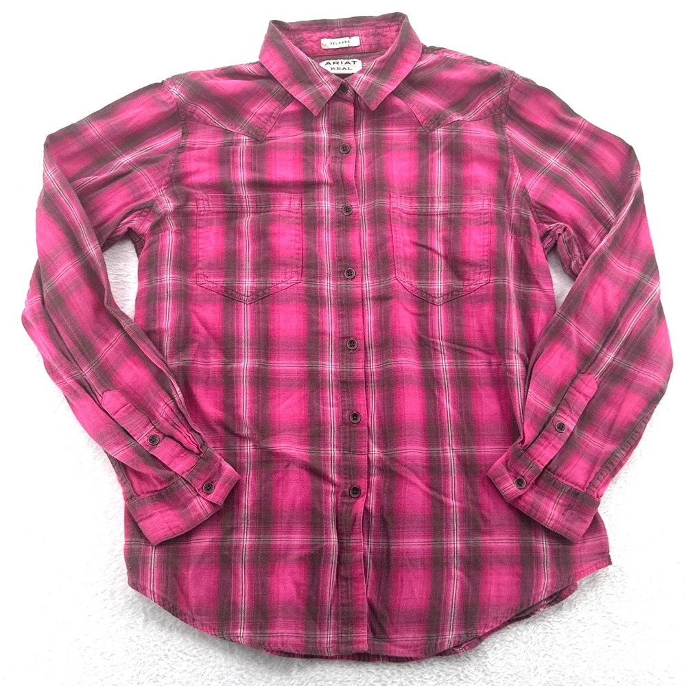 Ariat Pink Plaid Real Billie Jean Women Button Down Shirt Medium Western Rodeo